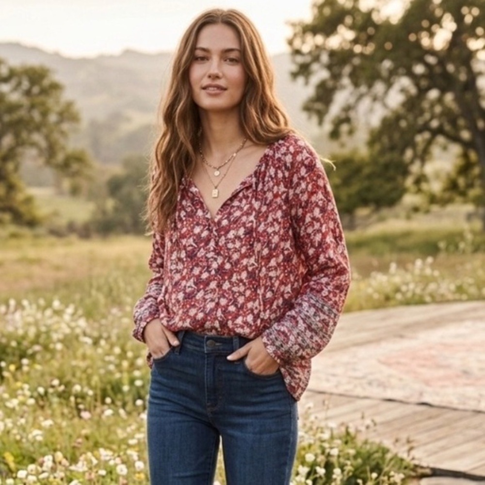 Lucky Brand Red Floral Boho Peasant Blouse Long Sleeve M Prairie Festival